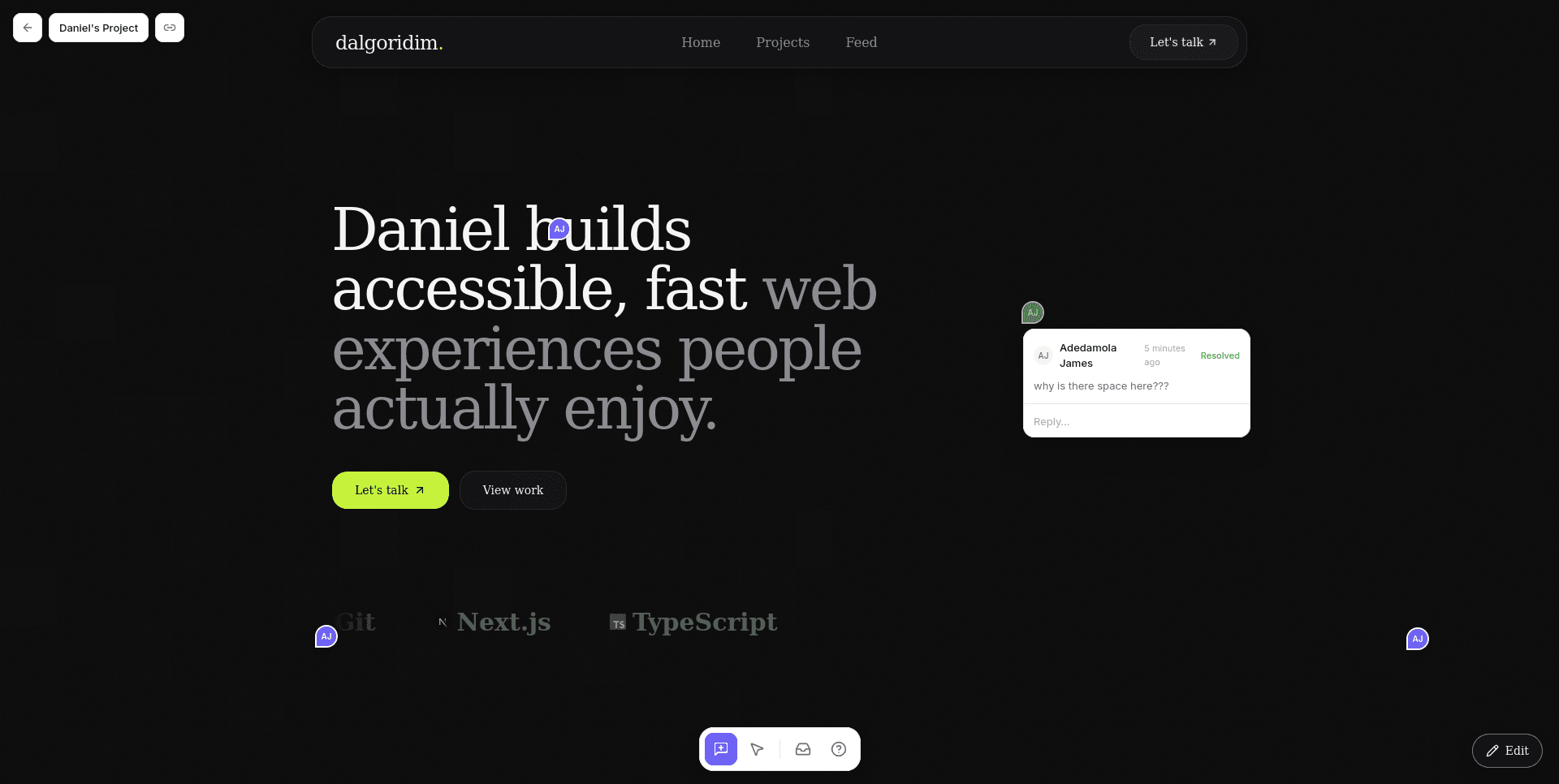 A Comment Pad review session — pins and a resolved thread on a live website